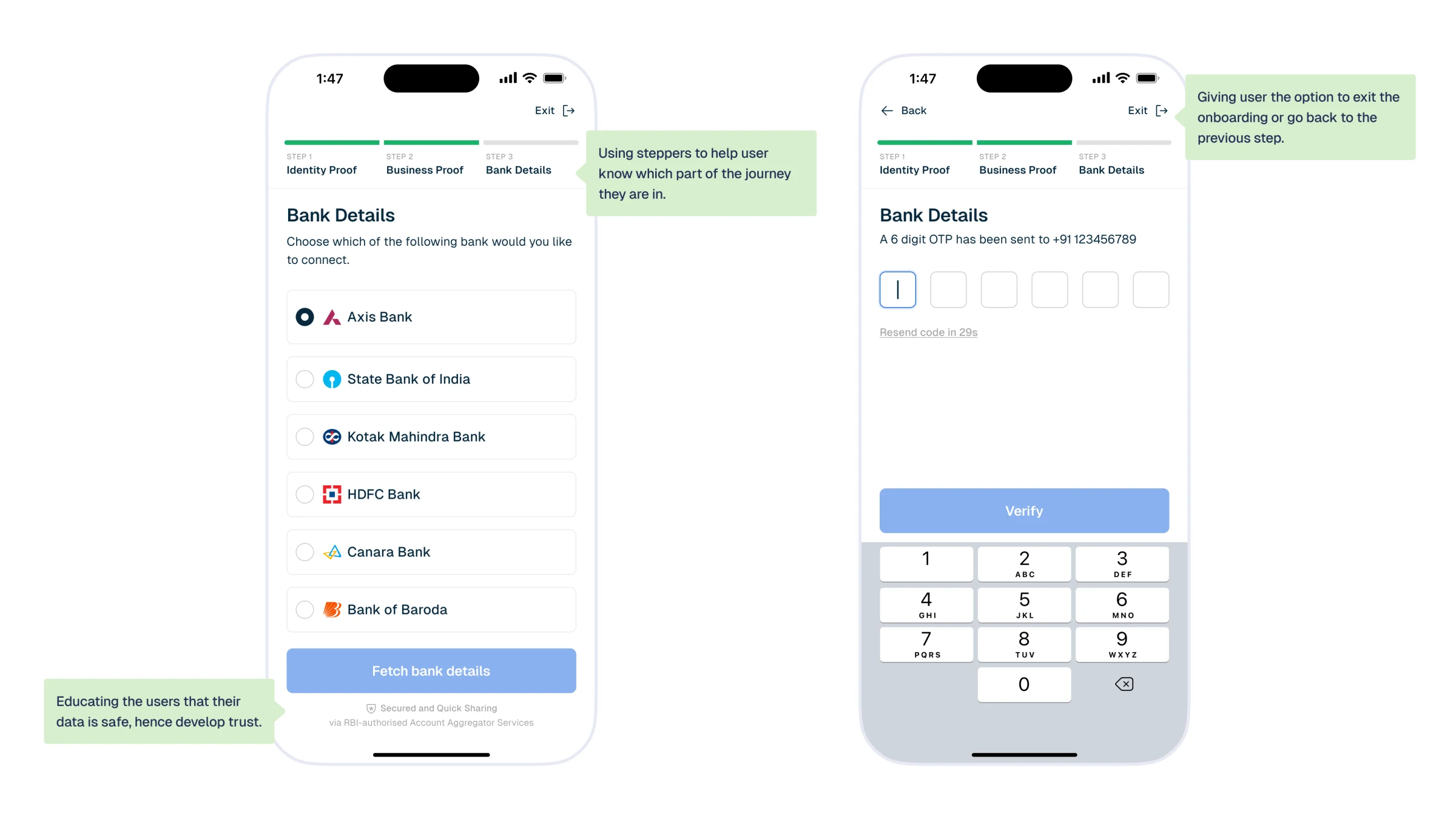 Two screens: a bank-selection list (Axis Bank, State Bank of India, Kotak Mahindra, HDFC, Canara, Bank of Baroda) with a Fetch bank details button, and an OTP verification screen for the linked bank.