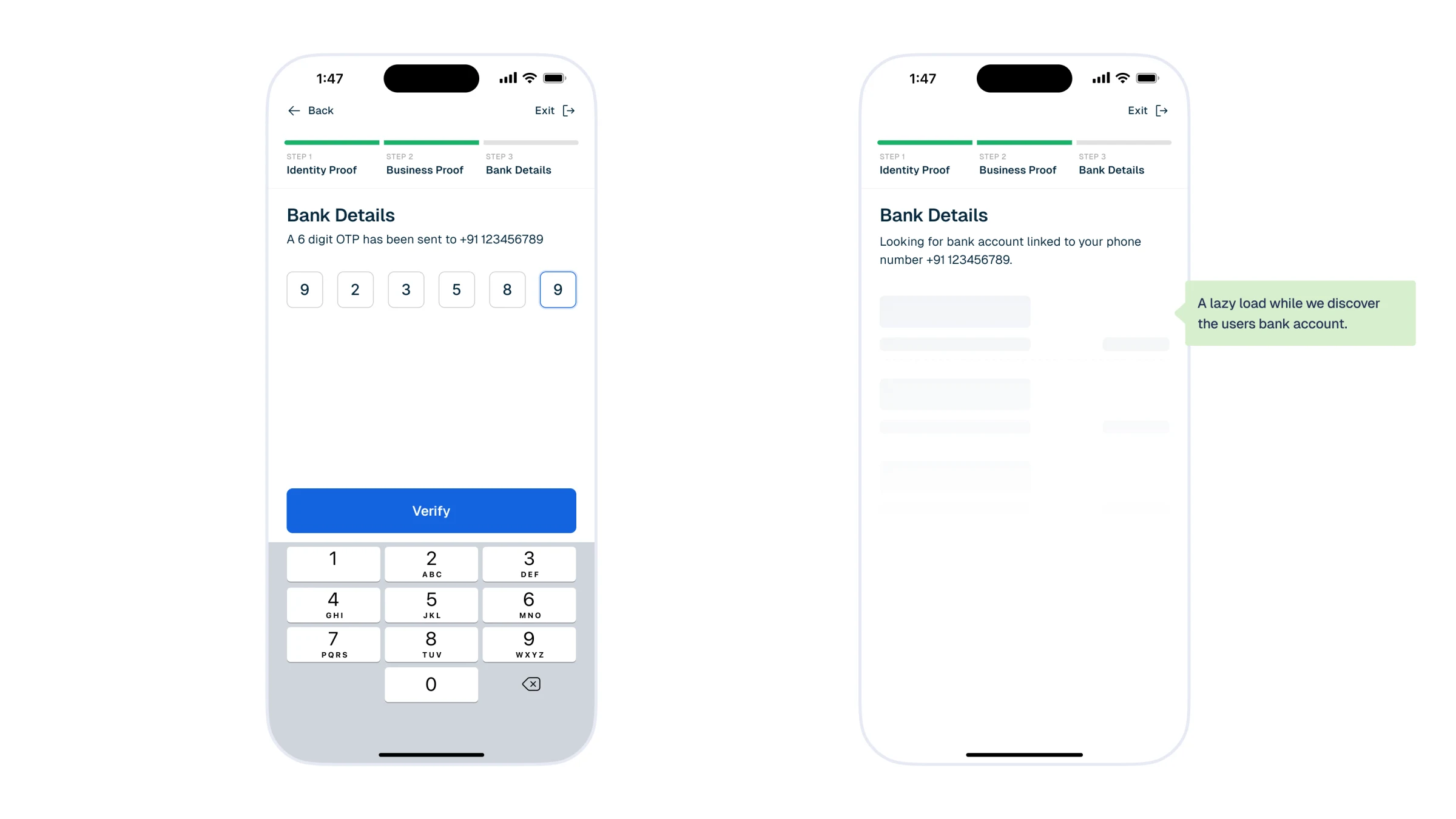 Two more screens: the OTP verification screen with an active digit state, and a lazy-loading skeleton while the app looks for a bank account linked to the user's phone number.