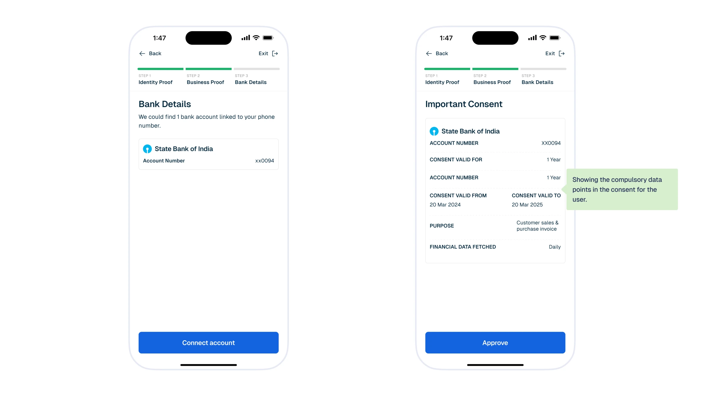 Two screens: the discovered bank account with a Connect account button, and the Important Consent screen listing consent duration, validity dates, purpose and fetch frequency with an Approve button.