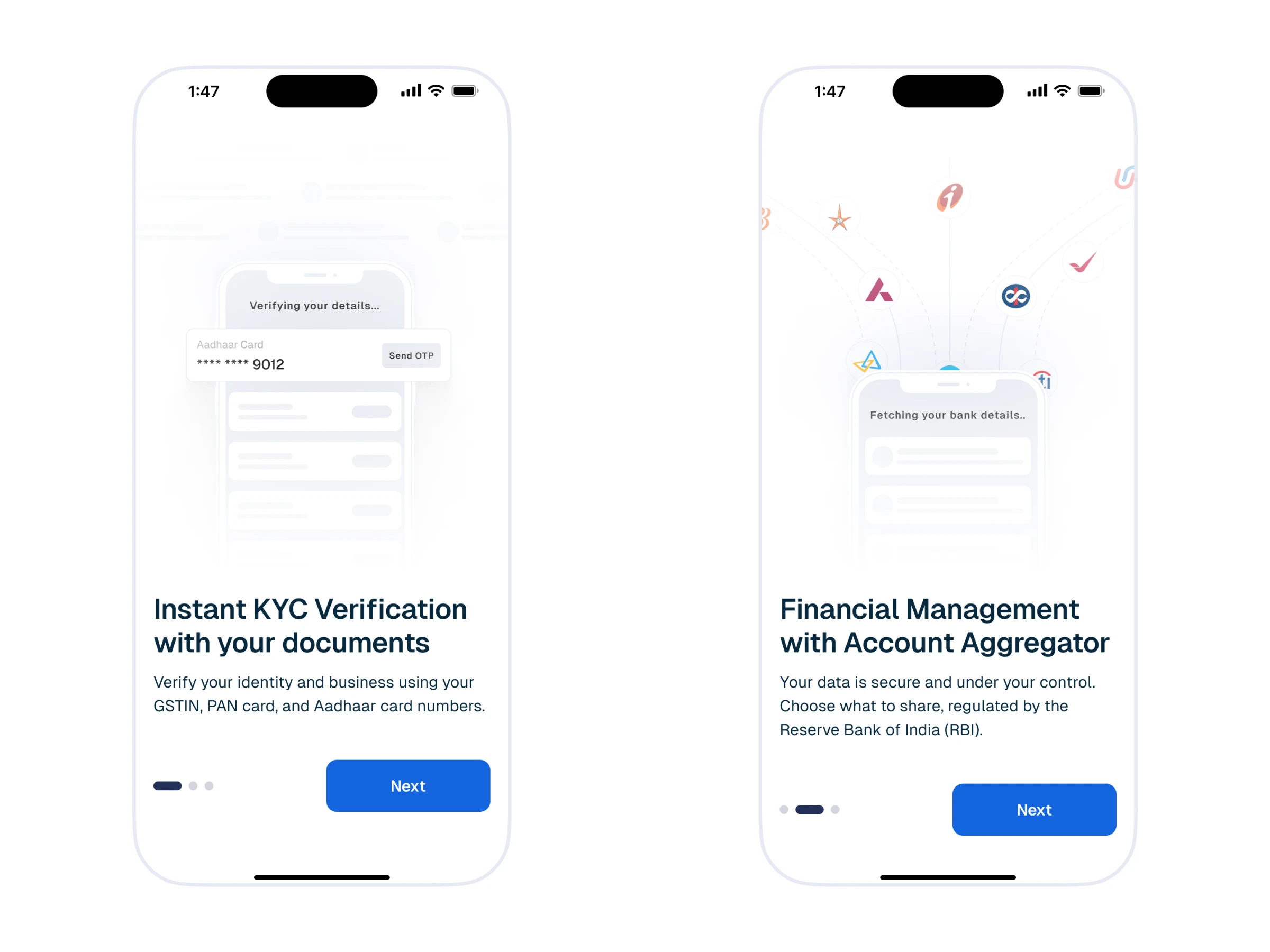 Two unannotated final onboarding screens side by side: the Instant KYC Verification screen with an Aadhaar OTP card, and the Financial Management with Account Aggregator screen.
