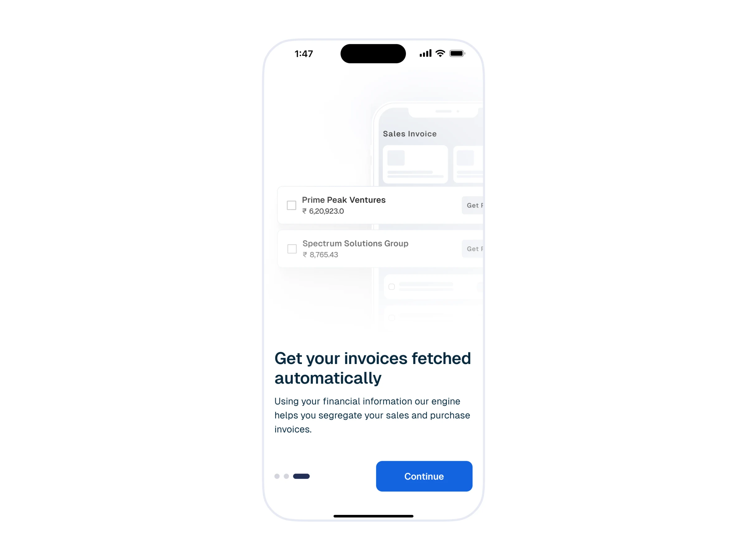 The Get your invoices fetched automatically screen, showing a Sales Invoice list mock with two selectable invoice rows.