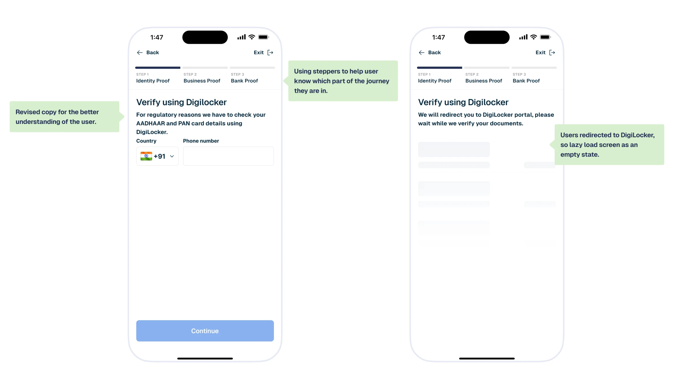 Two screens with the regrouped 3-step stepper (Identity, Business, Bank Proof): a DigiLocker phone-number entry screen, and a lazy-loading skeleton state for the DigiLocker redirect.