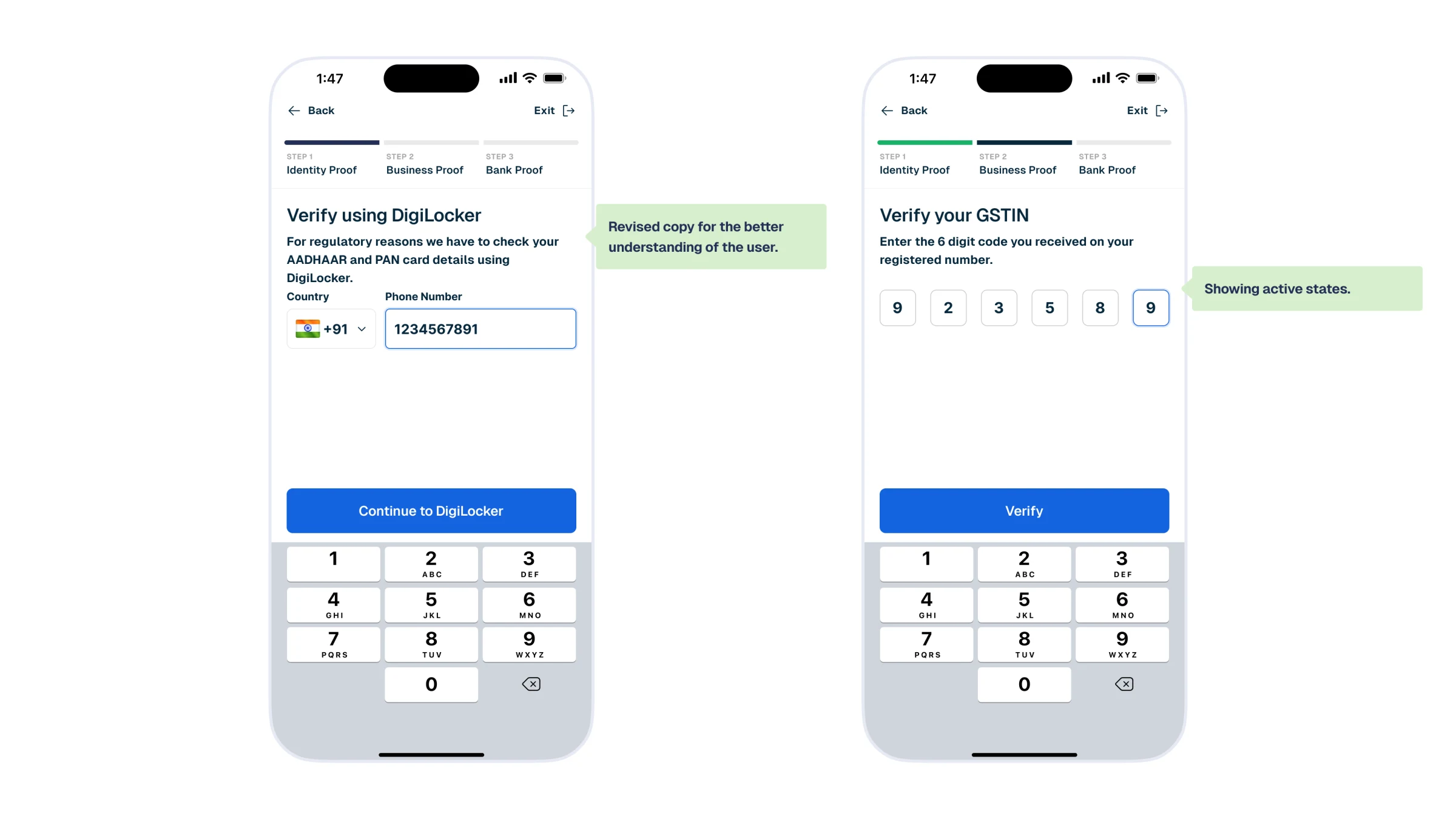 Two more screens continuing the regrouped verification journey: a DigiLocker phone number filled in, and a GSTIN OTP entry screen showing an active digit state.