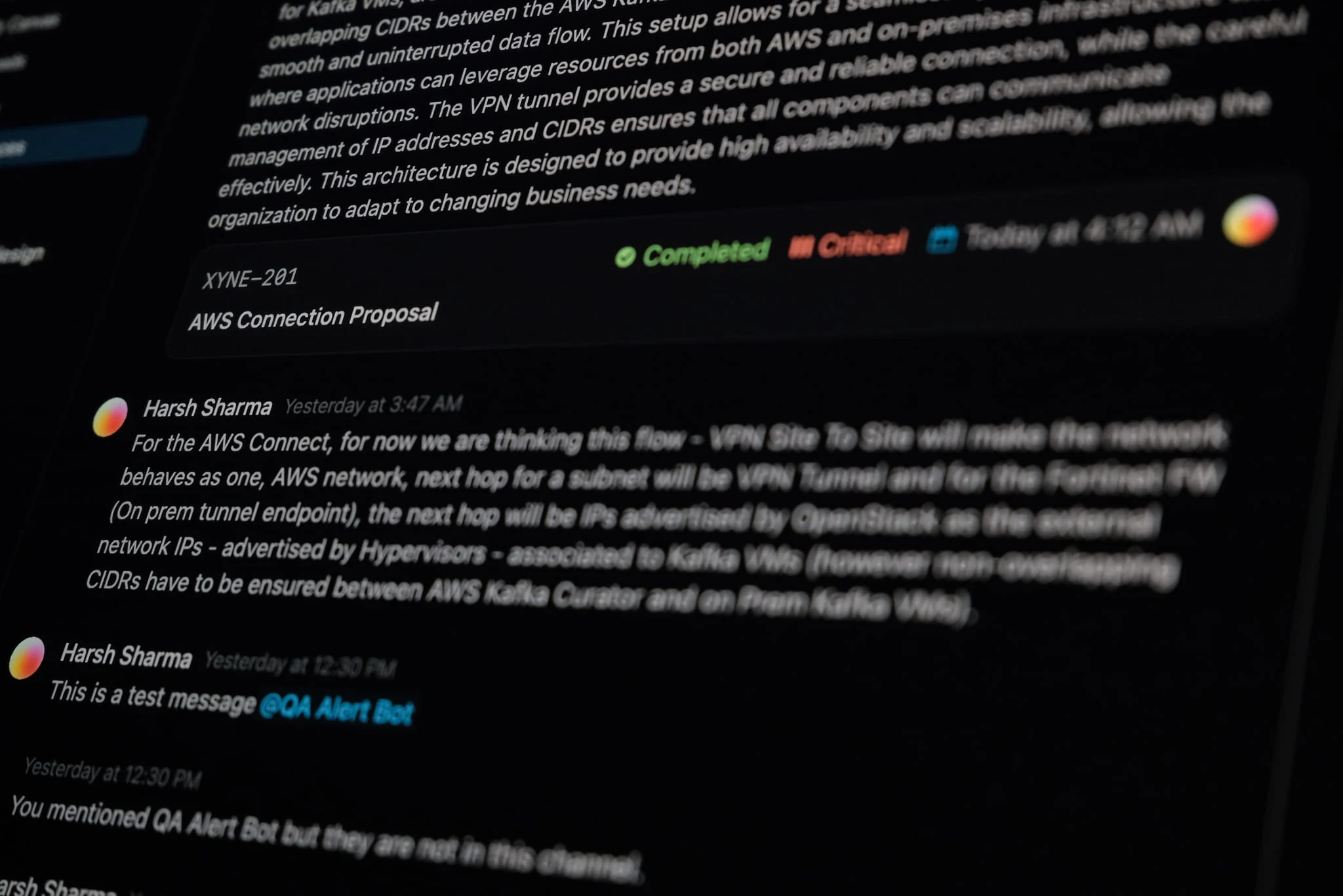 A ticket thread inside the editor: a ticket card marked Completed and Critical, with the replies under it.