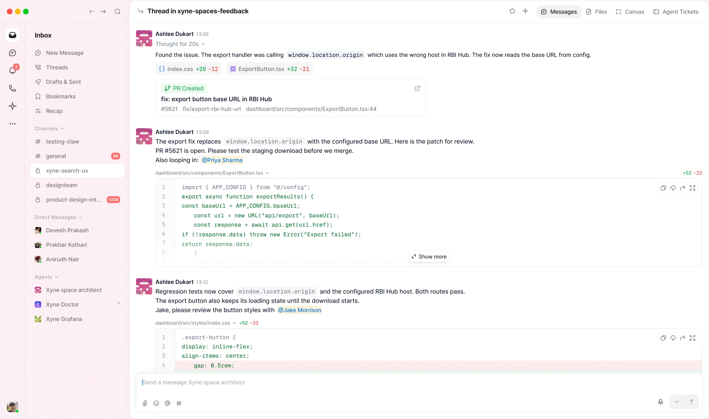 An agent's reply in a Xyne thread: it found the cause of an export bug, opened a pull request, and shows the patch with its additions and removals.