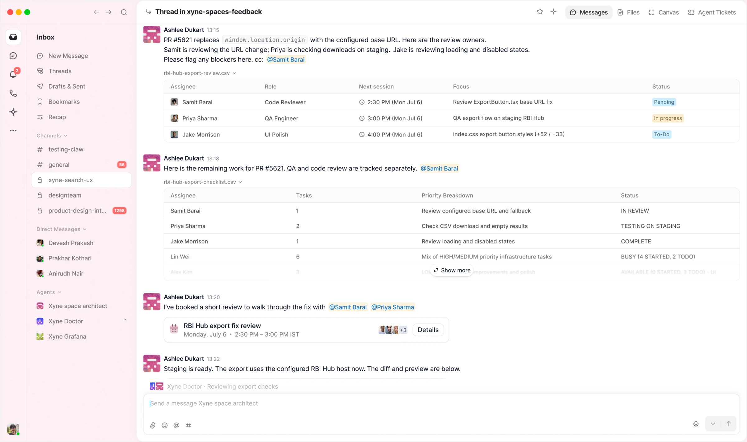 Agent replies in a thread with a table of reviewers, their roles and next sessions, a task table, and a booked review meeting.