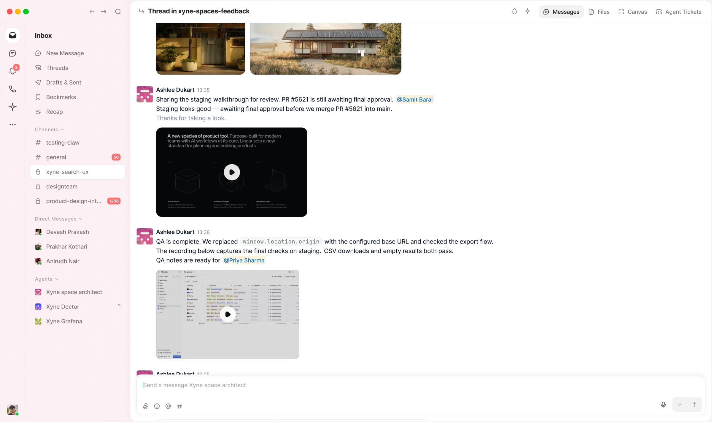 The agent shares staging walkthrough recordings with the QA notes, as video previews in the thread.