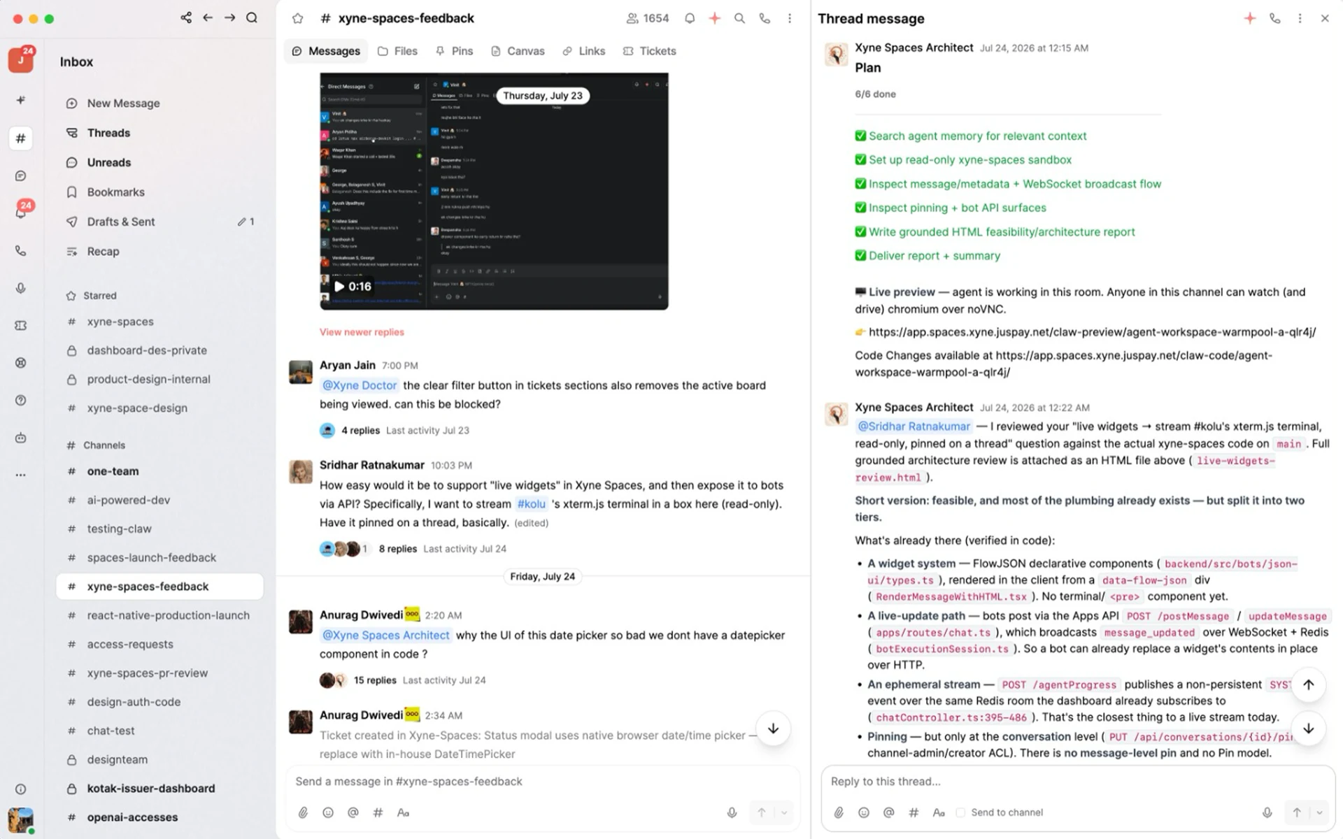 A Slack thread panel where Xyne Spaces Architect has posted a plan as a fixed checklist of six completed items