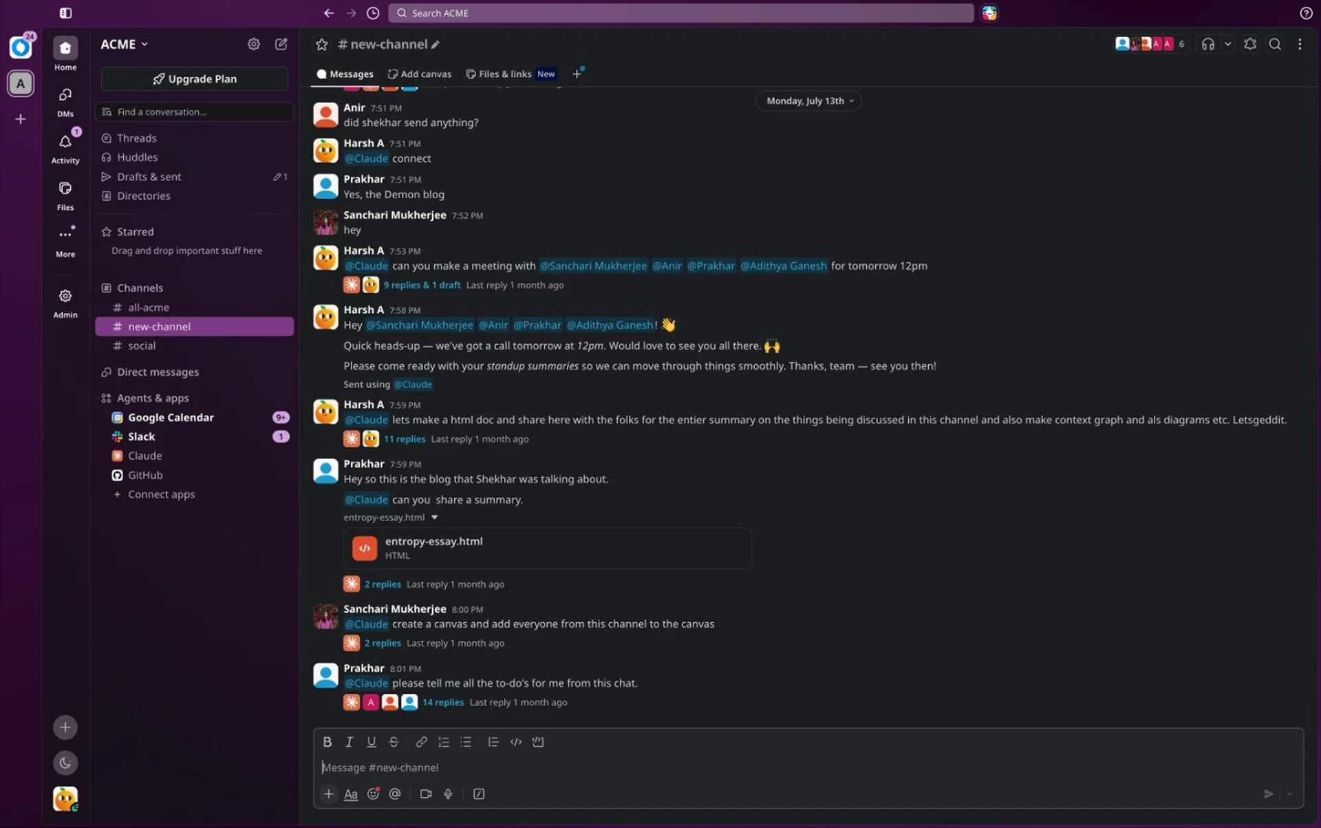 A Slack channel where every message addressed to Claude has its replies collapsed behind a thread link