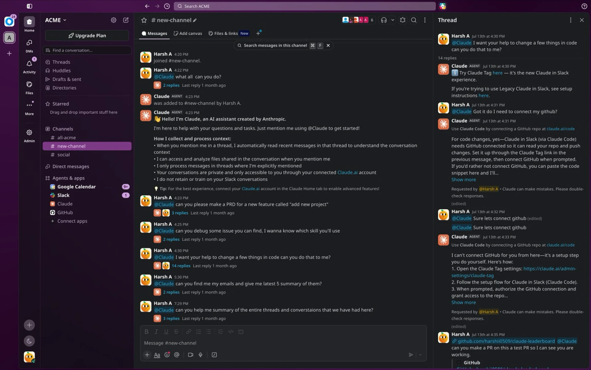 The Slack thread panel open beside the channel, holding a long multi-part answer from Claude