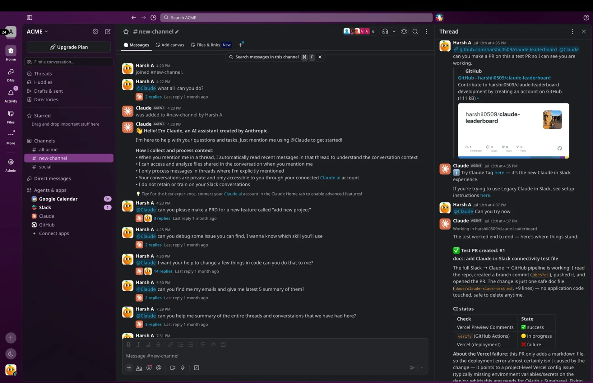 The Slack thread panel showing a pull request Claude opened, with a CI status table