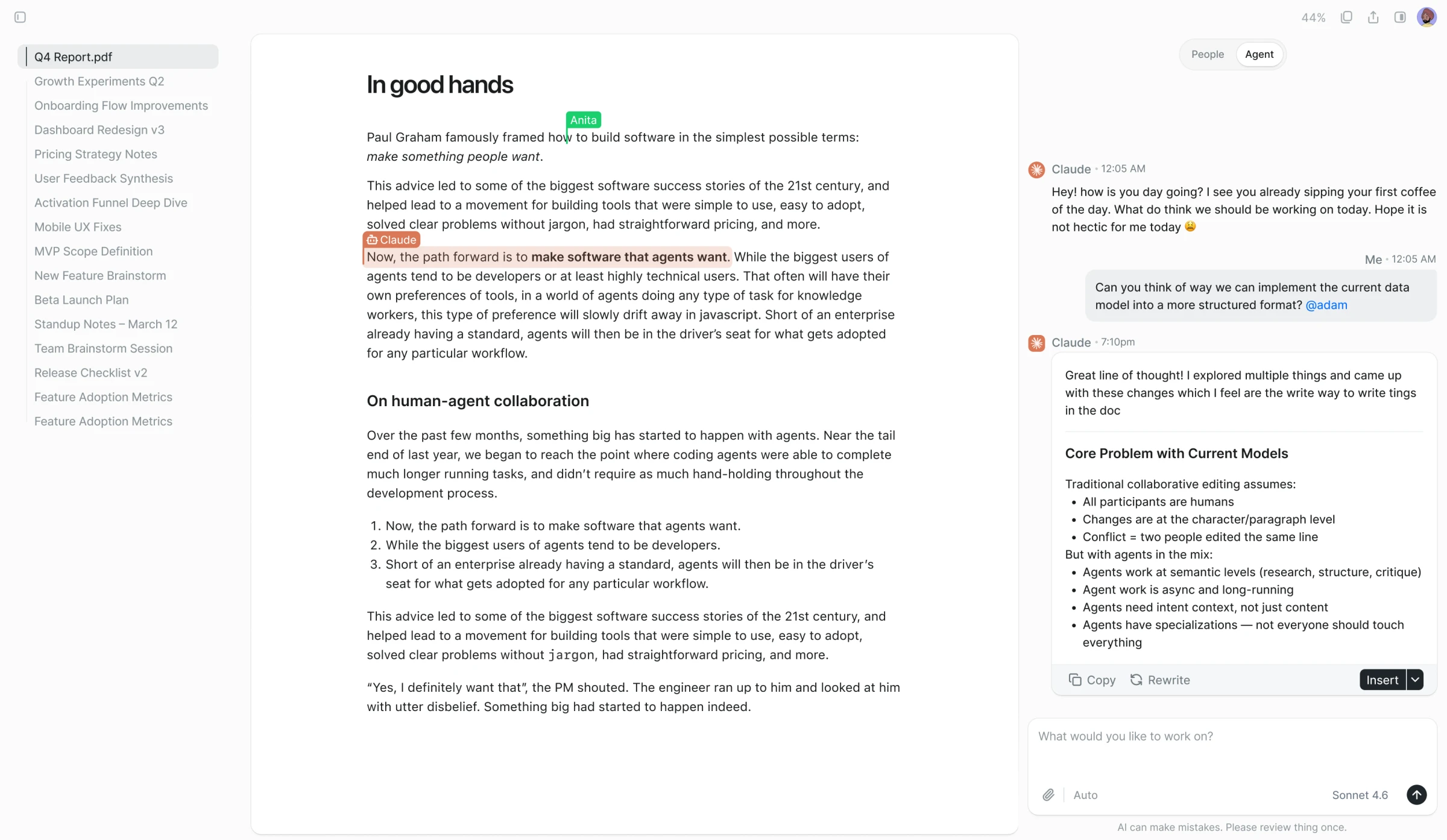 Specky, first iteration: a document with a file list on the left and an agent chat panel on the right.