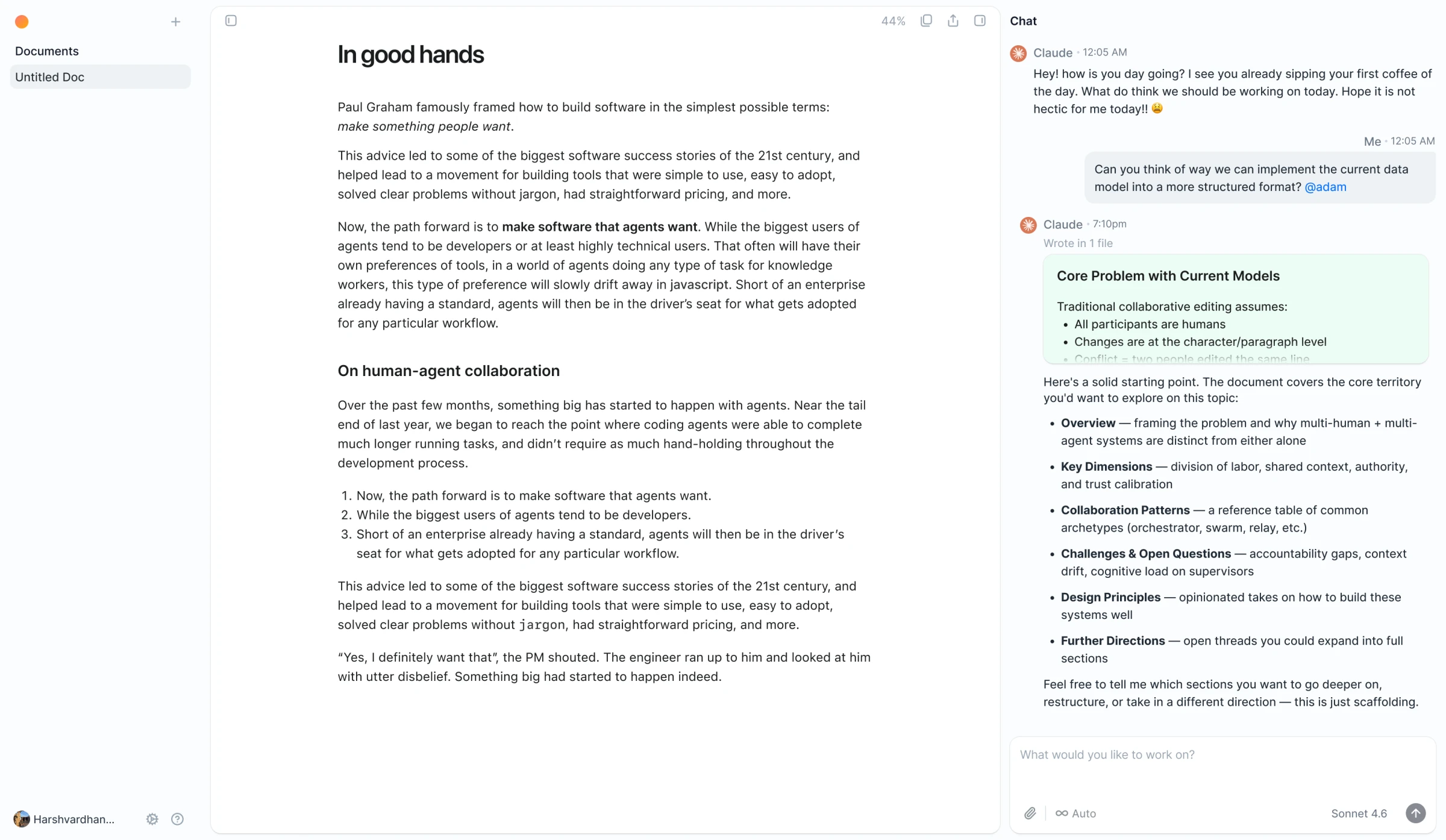 Specky, second iteration: a document with a slim documents list on the left and the chat as a side panel.