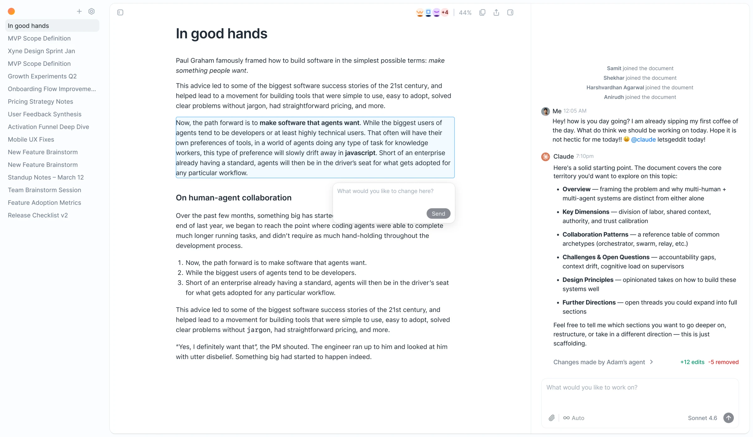 Specky, third iteration: a selected passage with an inline prompt, and the agent's changes summarised in the chat.