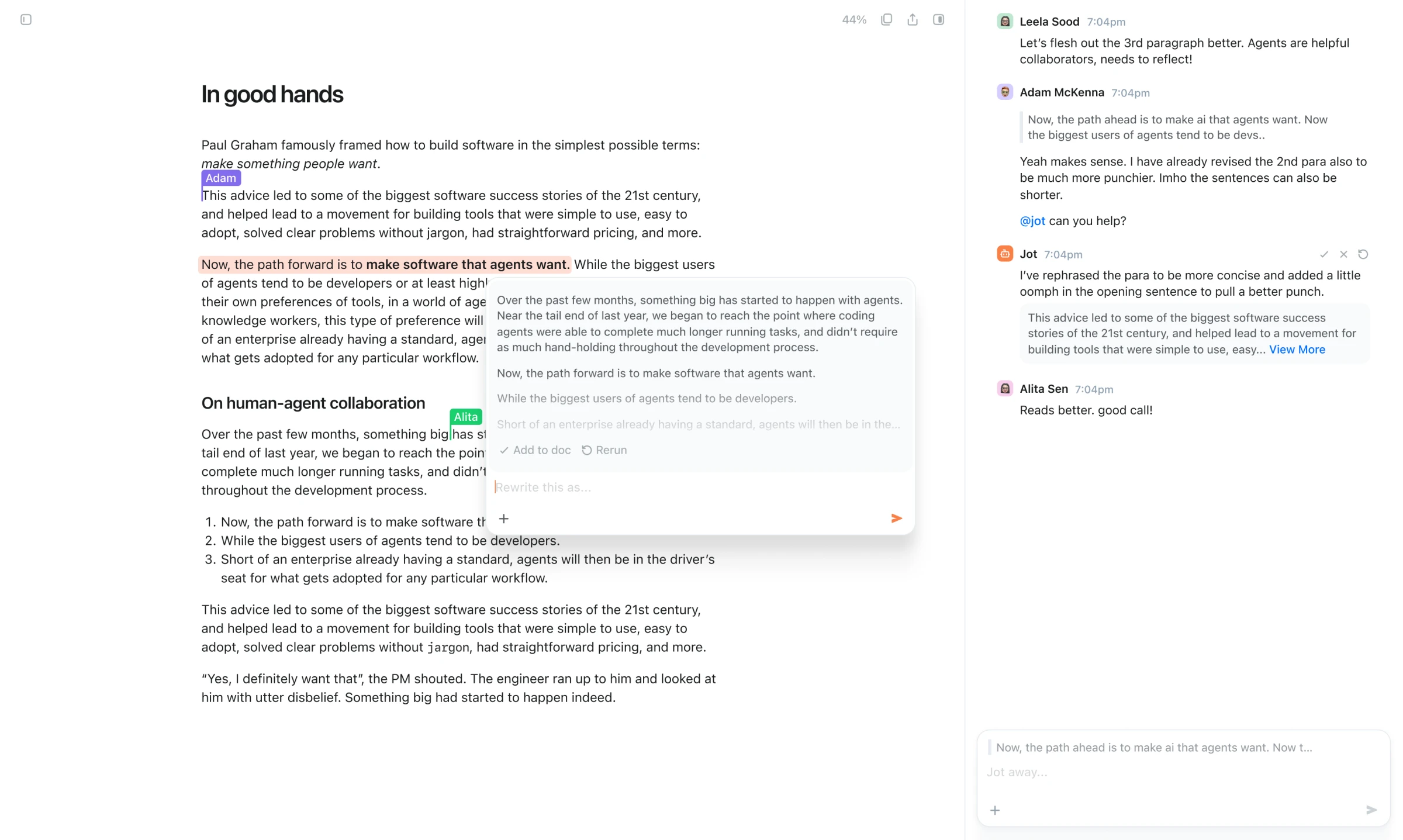 Specky, fourth iteration: an inline rewrite suggestion in the document, with collaborators' comments on the right.
